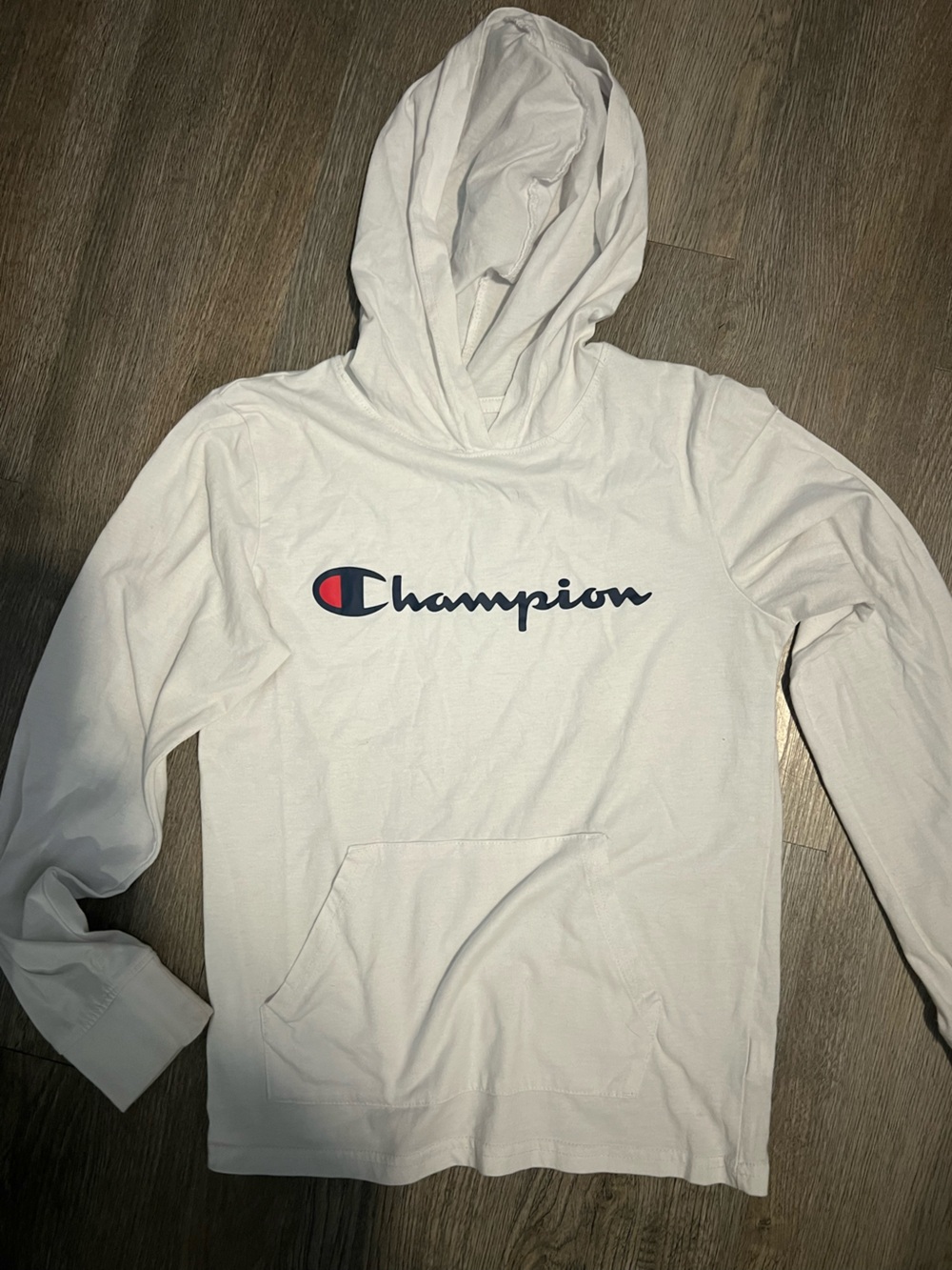 Champion White Pullover Hoodie with Navy Script and Red Logo Accent